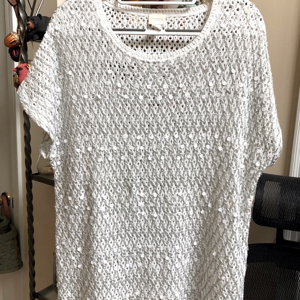 Chico’s white sequins silver metallic thread top